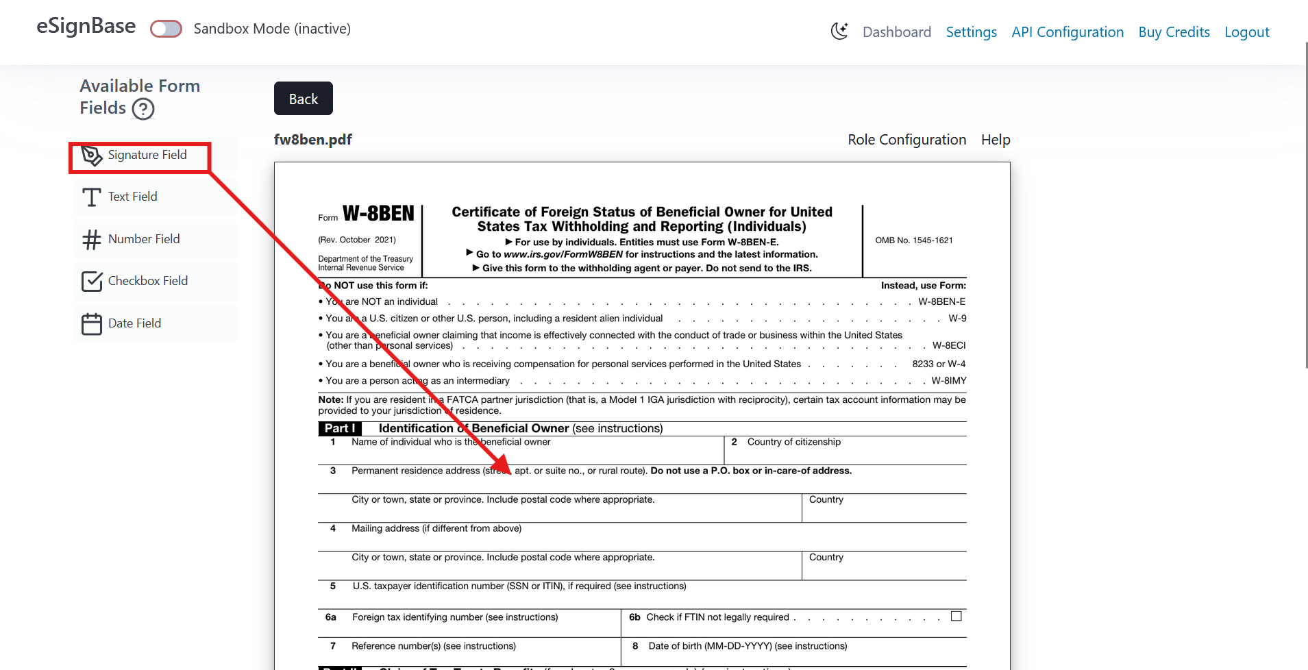 Screenshot drag and drop signature form field from palette to template